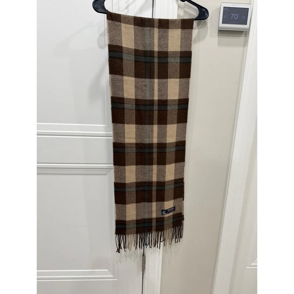 Brown Plaid Cashmere Blend Scarf Tan Grey Checkered Winter Fringe Wrap Accessory